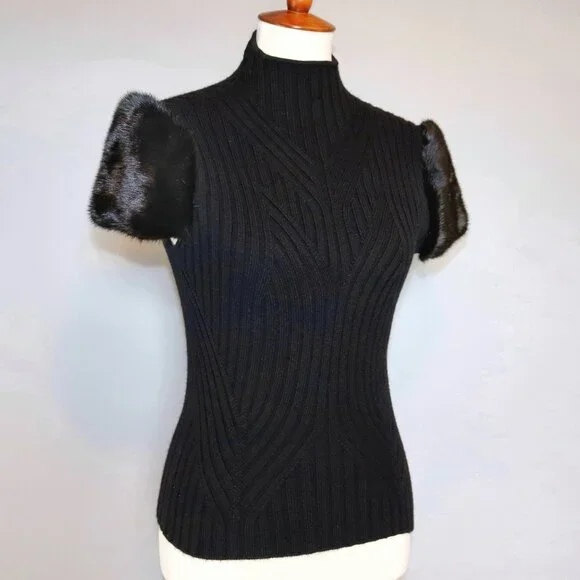 Valentino Black Cashmere Wool Sweater Genuine Fur Short Sleeve Mock neck Top